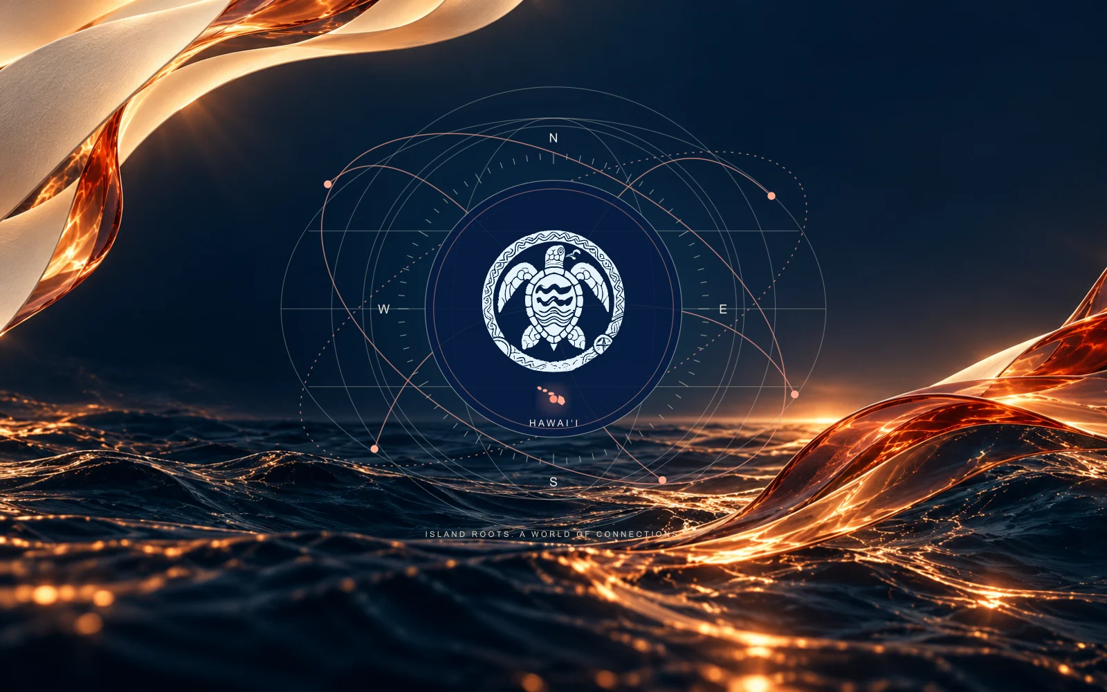 H2ONU honu compass centered over a calm Pacific horizon, framed by cream and coral ribbons; island roots, a world of connections.