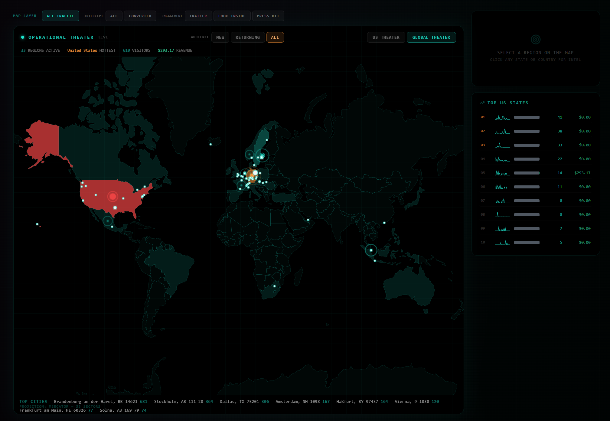 Global dashboard interface with a world activity map, audience and engagement filters, visitor counts and revenue indicators.