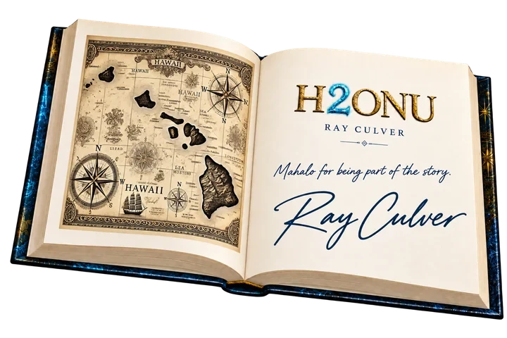 H2ONU open-book spread with a Hawaiʻi map and signed title page, an owner-led example