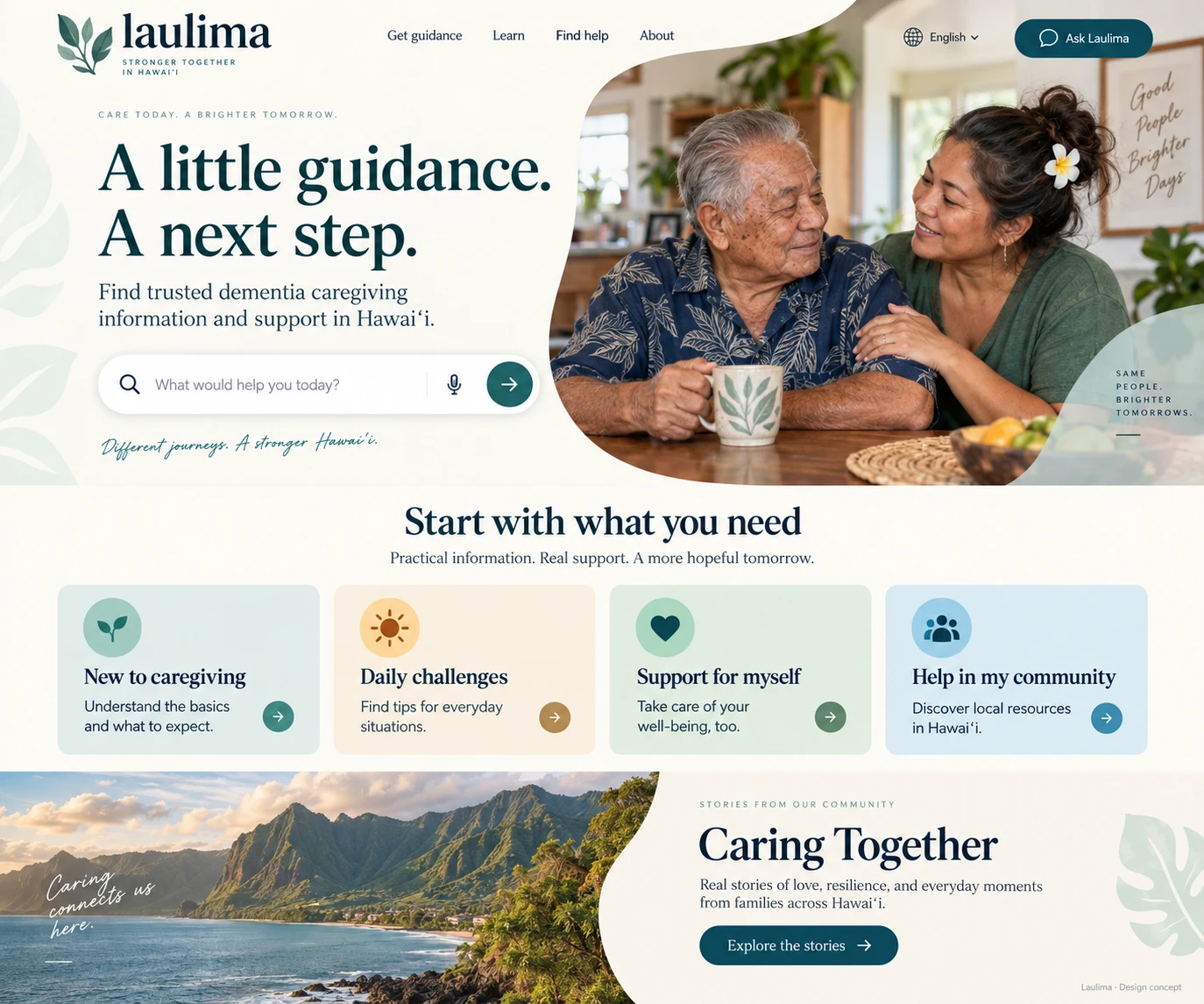 Earlier full-page Laulima design exploration with caregiving topic paths and illustrative imagery.